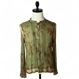 Kiko Comfort Women's Green Floral Sheer Silk Blouse Top‎ Long Sleeve Pleated